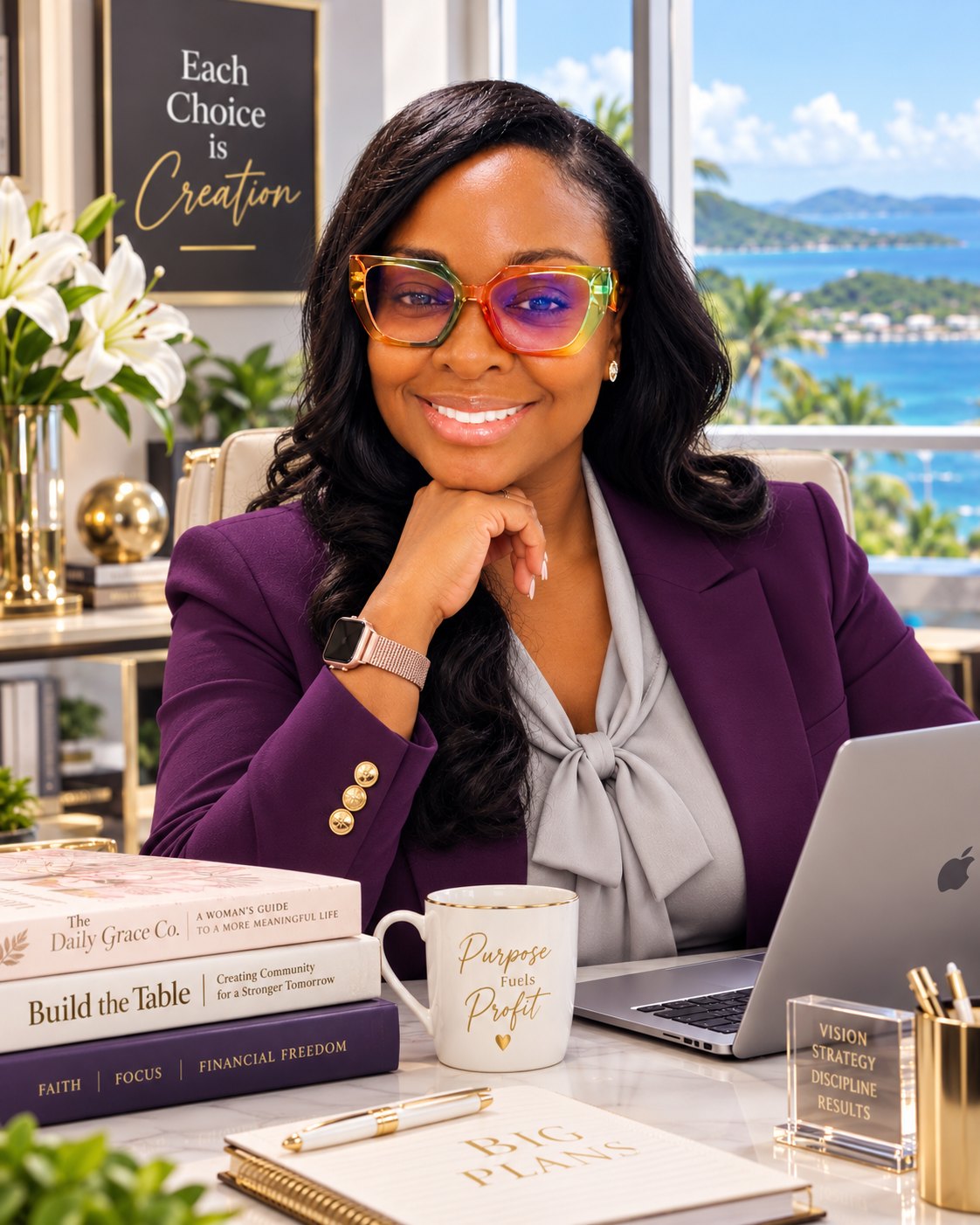 VernaLyn R. Julien at her desk in St. Thomas, with the Caribbean Sea in the background